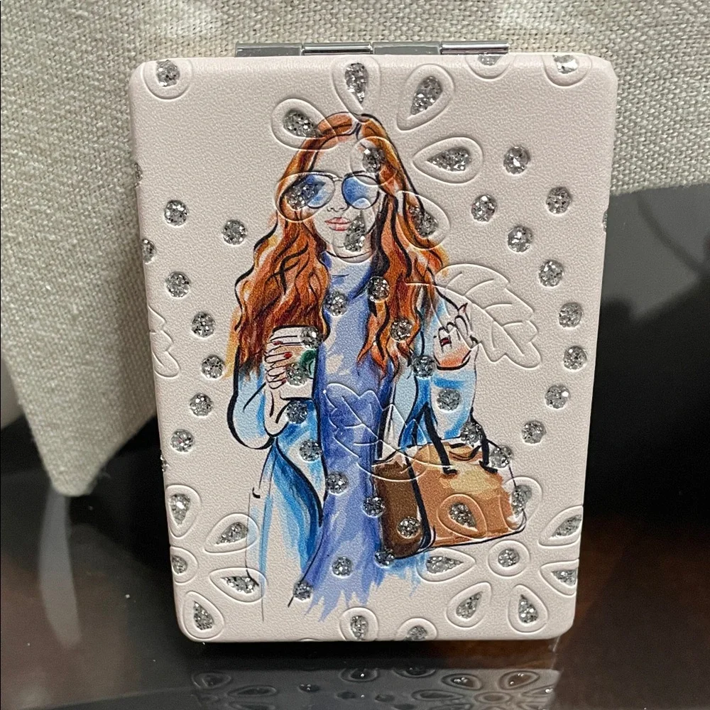 Fashion Illustration Compact Mirror - Pink with Brown Accents
